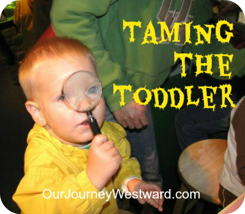 Toddler in a yellow jacket holds up a magnifying glass to his face.