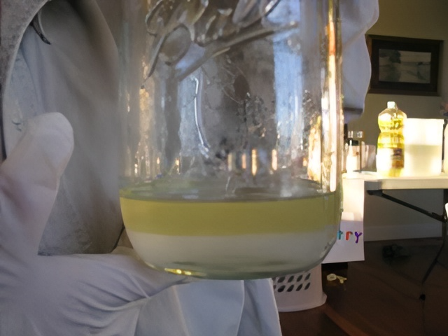 child showing water and oil experiment in jar