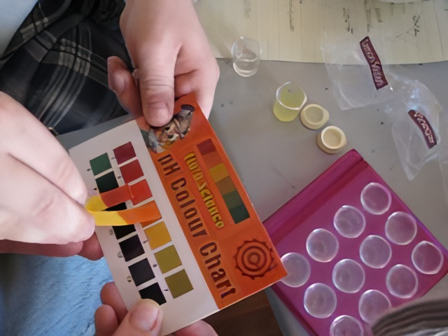 child showing pH experiment papers