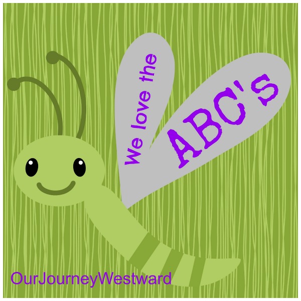 Little animated butterfly with "We love the ABC's on it's wings and green background.