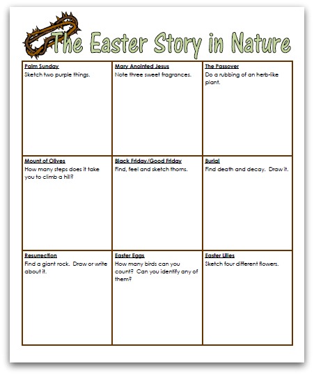 The Easter Story in Nature worksheet with a crown of thorns in the corner.