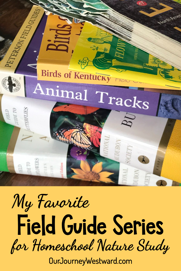 A pile of different kinds of nature field guides with a yellow block with wording for the blog post about field guides.