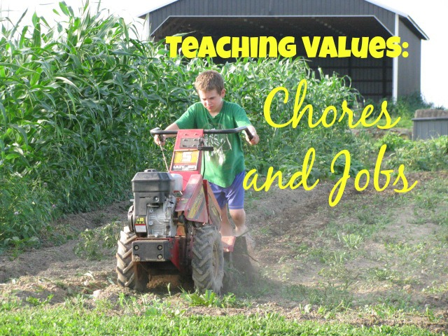 Boy using a rototiller to till a garden. Used for a blog post about teaching the values of doing chores and having jobs.