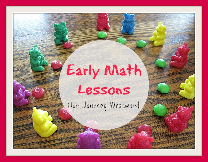 Early Math Lessons blog photo with little plastic bears and M&MS arranged on a table.