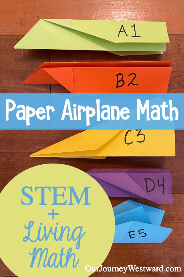 A row of paper airplanes using green, orange, yellow, purple, and blue construction paper. Used as a pinnable image for a blog post about paper airplane math.