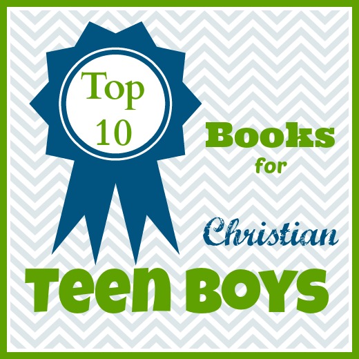 "Top 10 Books for Christian Teen Boys" blog image with grey zig zag pattern in the background and blue ribbon with blue and green letters.