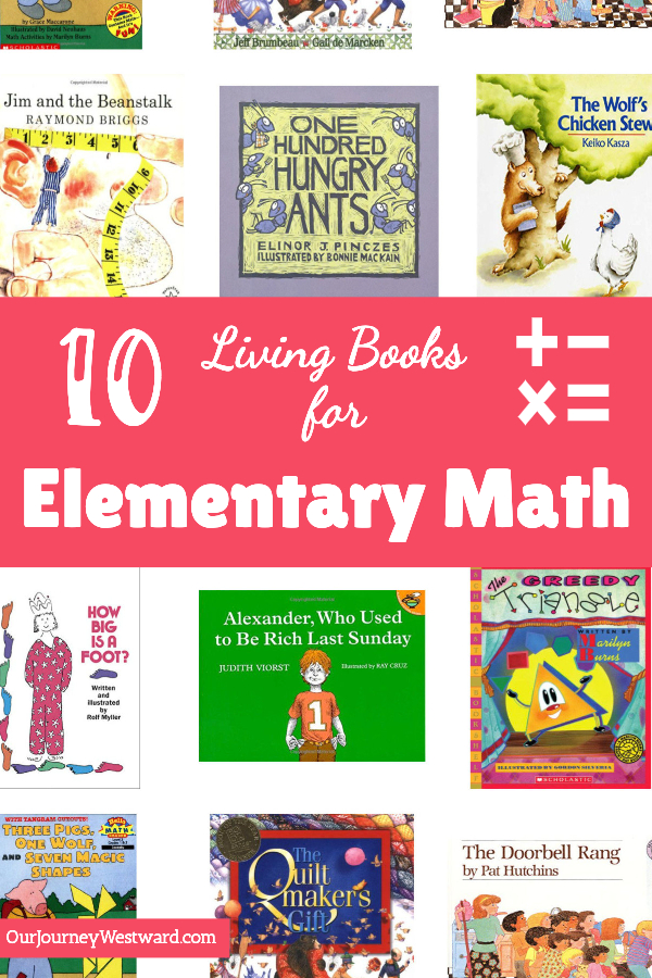 A variety of math books advertising a blog post about living books for elementary math