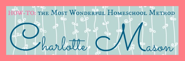 Charlotte Mason banner with blue flowery background and pink banner