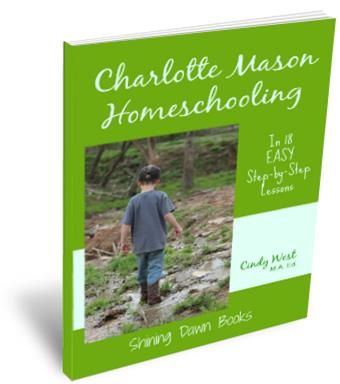 Charlotte Mason Homeschooling book with green cover and little boy walking through a stream