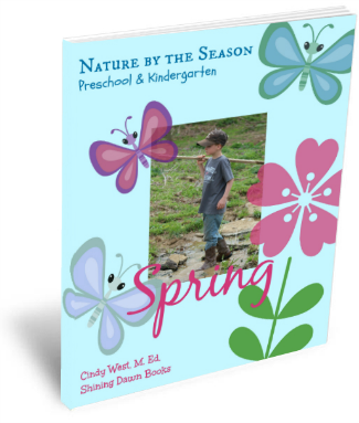 Cover of the Spring nature study curriculum. Cover is light blue with pink and blue butterflies and flowers.