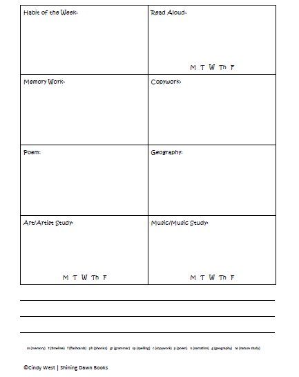 Free Charlotte Mason homeschooling weekly planner for elementary grades