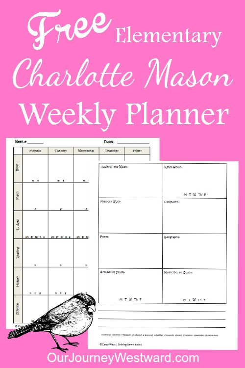 picture of homeschool planning pages on pink background with a little bird