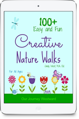 Blue cover with animated grass flowers and critters on the cover of 100+ Creative Nature Walks.