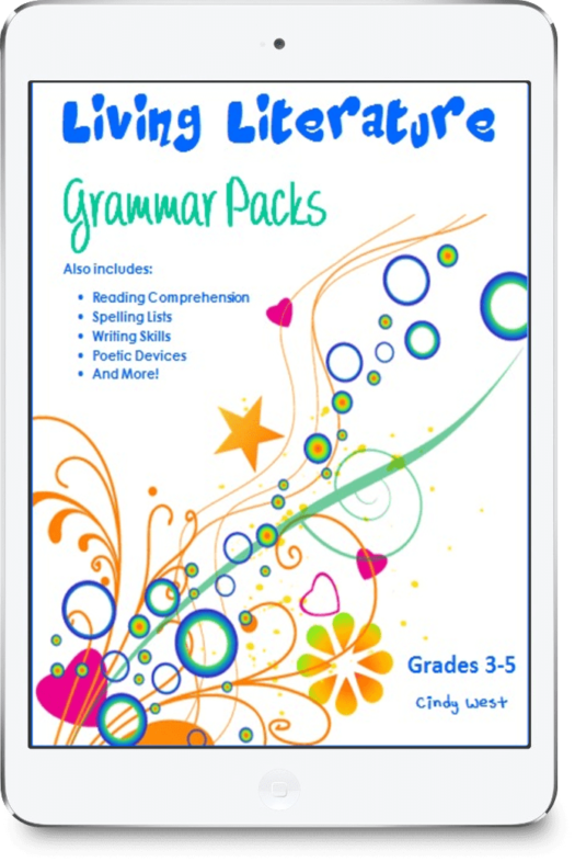 Living Literature Grammar Packs curriculum cover. it has some cool designs of wavy lines, circles, flowers, hearts, and swirls in various colors.