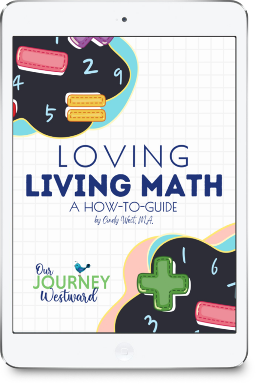 colorful title page for a book called loving living math that has math symbols on it