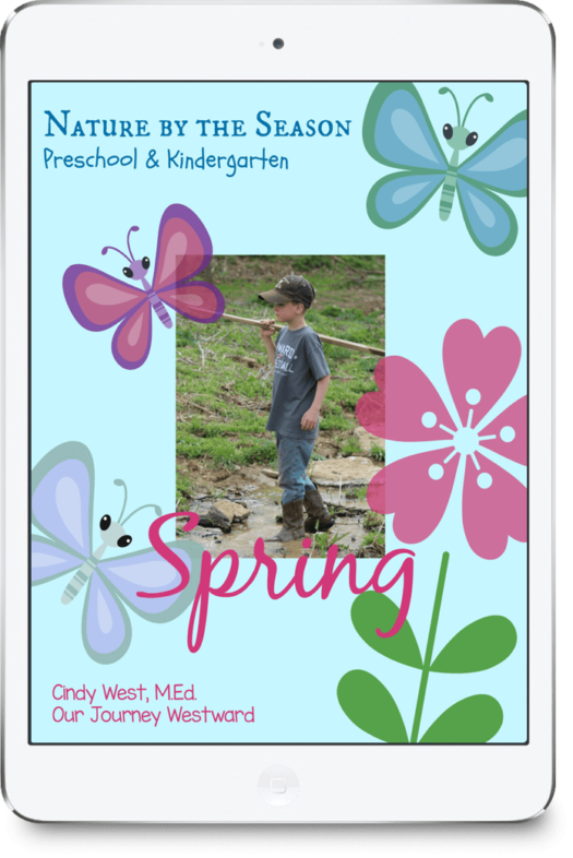 Cover for a preschool and kindergarten curriculum about the spring season. The border is light blue with pink, purple, green, and blue butterflies and flowers in it. In the center is a boy walking in a stream carrying a big stick.