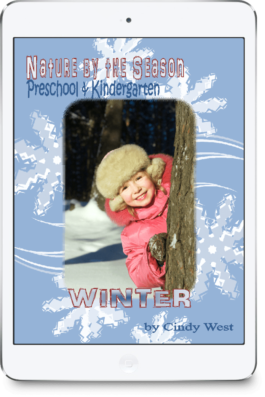 Cover for a curriculum about preschool and kindergarten in the winder season. It has a blue snowflake border with a child in a pink coat peeking out from behind a tree.