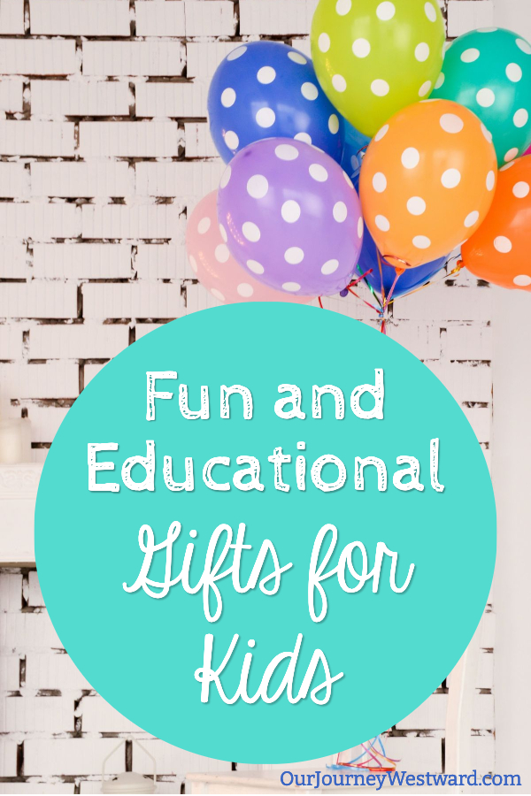 Colorful polkadot balloons against a whitewashed brick wall. Illustrating a blog post about fun and educational gifts for kids.