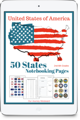 Outline of the united states, colored in red white and blue stars and stripes on the cover of a curriculum about the 50 states. Photos of some notebooking pages are also displayed on the front of the cover.