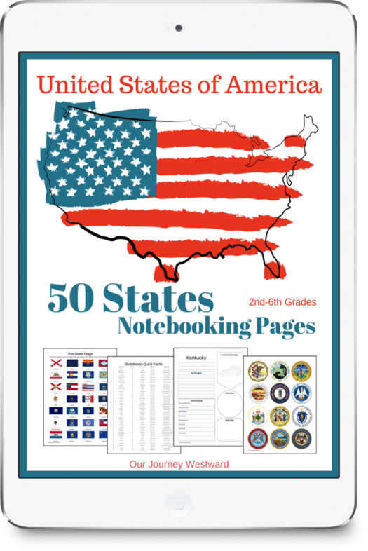 Outline of the united states, colored in red white and blue stars and stripes on the cover of a curriculum about the 50 states. Photos of some notebooking pages are also displayed on the front of the cover.