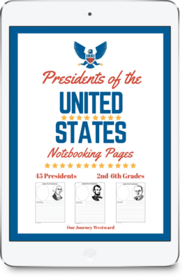 iPad cover for a curriculum about the Presidents of the United States. It has a blue border with red and blue lettering and gold stars.