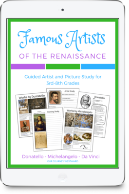 Cover of a curriculum about famous artists with photos of the worksheets included in the curriculum on the front.