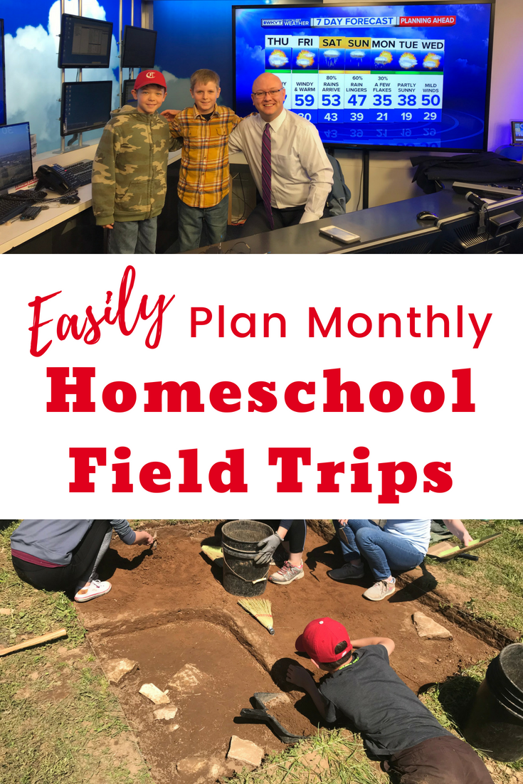 Blog image about planning homeschool field trips. The photos on this image are boys at a weather station and an archaeology site.