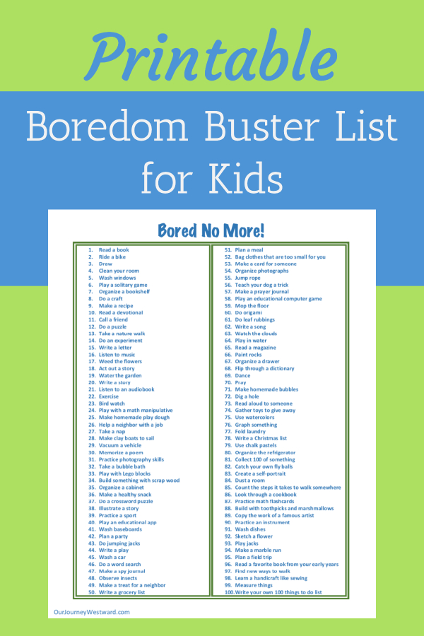 Kick boredom to the curb with this printable "I'm Bored" activity list for children 7+.