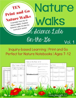 Sample of 40 Nature Walks curriculum with different tones of greens, flower drawings, and sample notebook pages on the front.