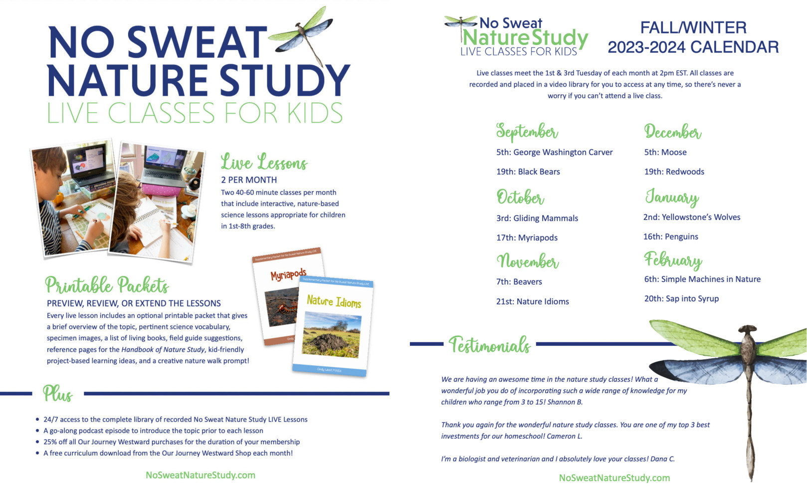 image describing the No Sweat Nature Study program and fall-winter calendar of classes