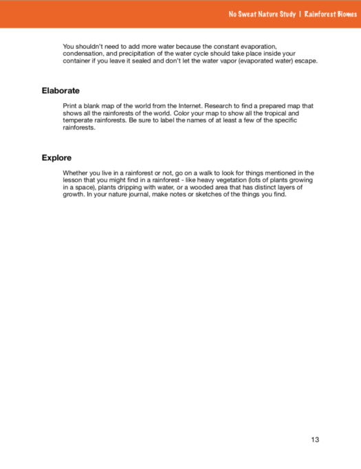 Page of curriculum about rainforest biomes with an orange stripe on top of the page.