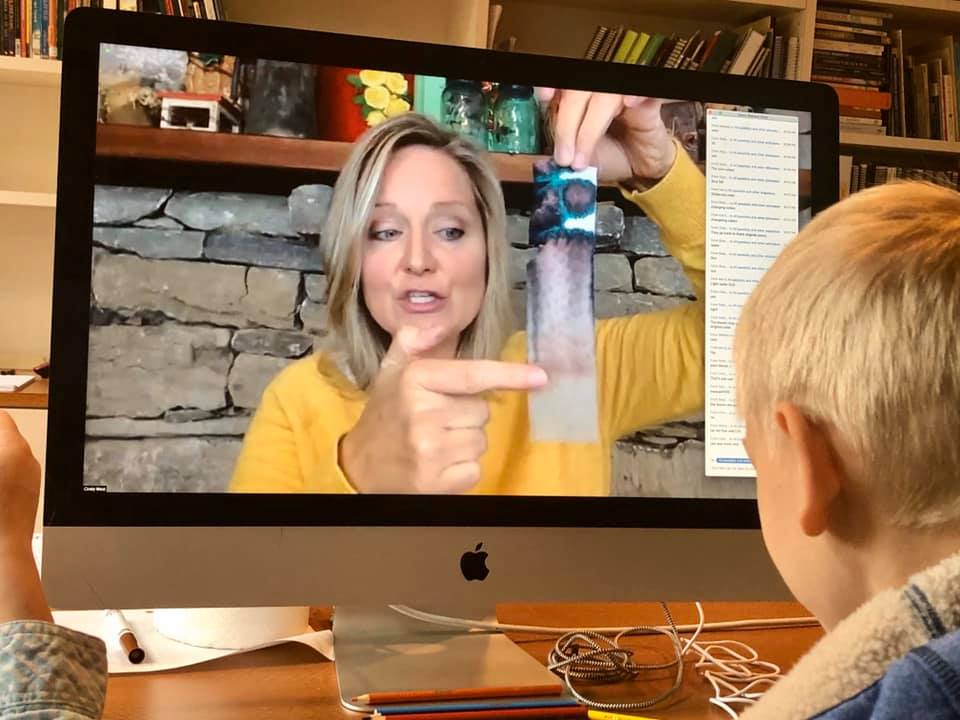 Photo of a blonde boy watching Mrs. Cindy teach a nature study class on a computer screen.