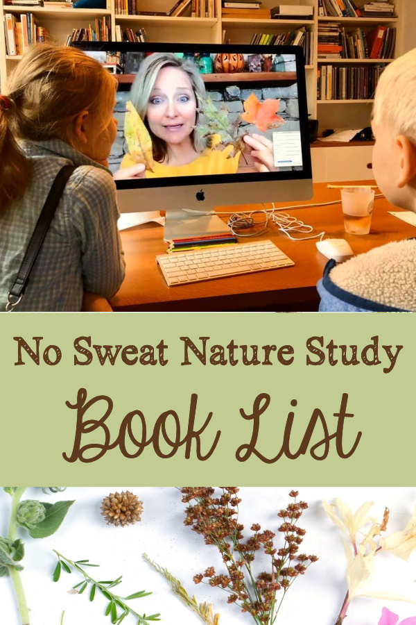 An advertisement for No Sweat Nature Study LIVE Book List with kids watching Mrs. Cindy teach a nature class on a computer screen.