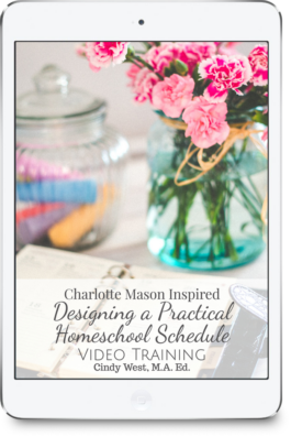 Cover of designing a practical homeschooling schedule on an iPad. The image has pink flowers in a blue vase, an open journal, and a clear jar with chalk in it.