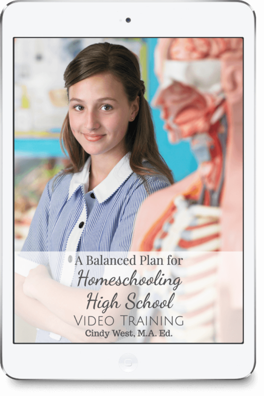Girl in blue striped sweater smiles at the camera as she looks past the model of a human body. Used for the product image for a masterclass about creating a balanced plan for homeschooling high school.