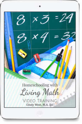 Chalkboard with math problems written and protractor, ruler, pencils, sharpeners, and other math supplies laying below it. Used as the cover for the Living Math masterclass.