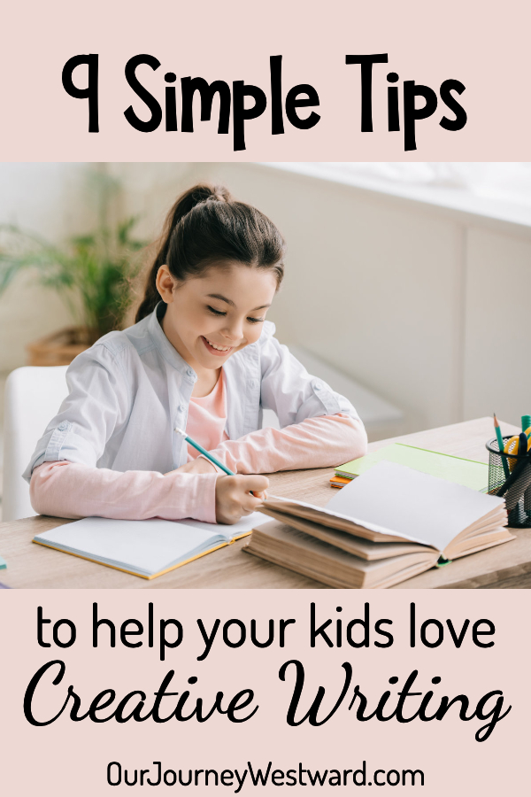 Girl sits at a desk with a book and notebook, taking notes. Used for an image in a blog post about teaching kids creative writing.