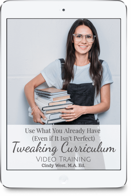 Lady with glasses and dark hair in overalls holding a pile of books and notebooks. Used as the cover of a masterclass about tweaking curriculum to meet your needs,