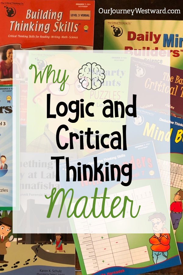 Blog post image about why logic and critical thinking matter. With logic books in the background.