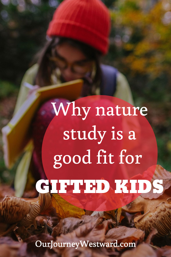 Girl with dark hair and glasses wearing an orange beanie, and yellow sweater, sitting in a pile of leaves. She is writing in a yellow journal. This is an image for a blog post about why nature study is a good fit for gifted kids.