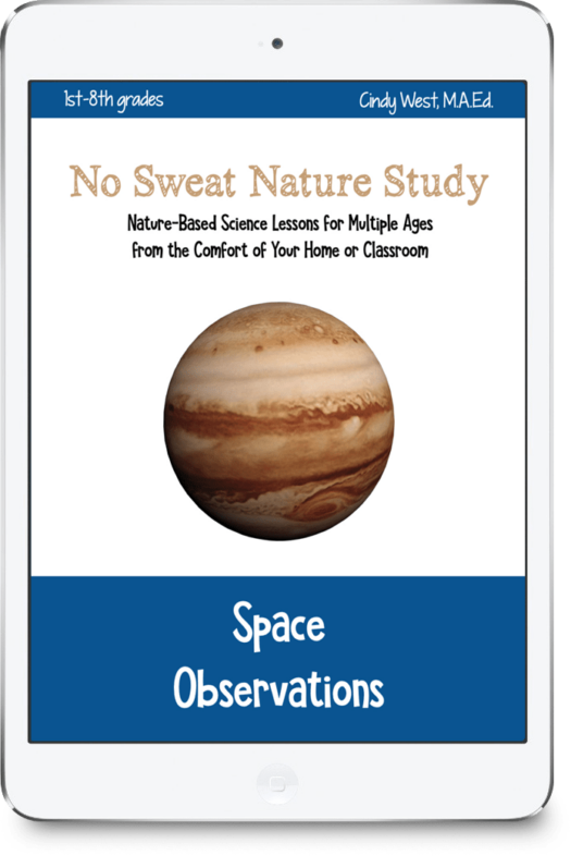 Cover of the No Sweat Nature Study Space Observations curriculum with brown and dark blue accents. In the center of the image is the planet Jupiter with its large red spot.