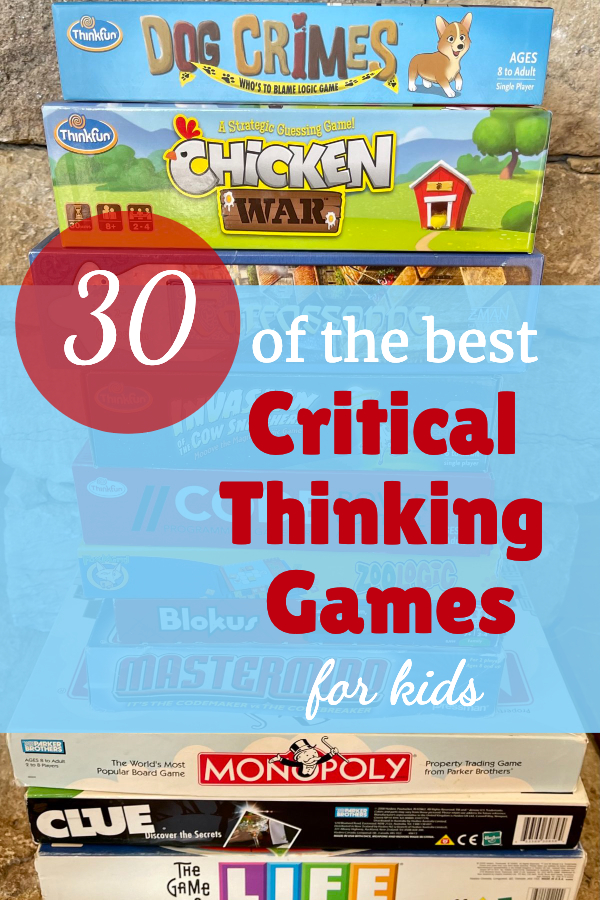 Critical thinking games lined up in front of some gray rocks. Used as a pinnable image for a blog post about 30 of the best critical thinking games for kids.