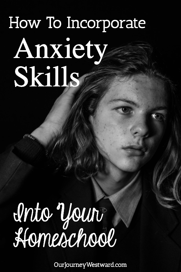 Black and white picture of a teen with long hair, hunning a hand through his hair. Used as a pinterest image for a blog post about incorporating anxiety skills into your homeschool.