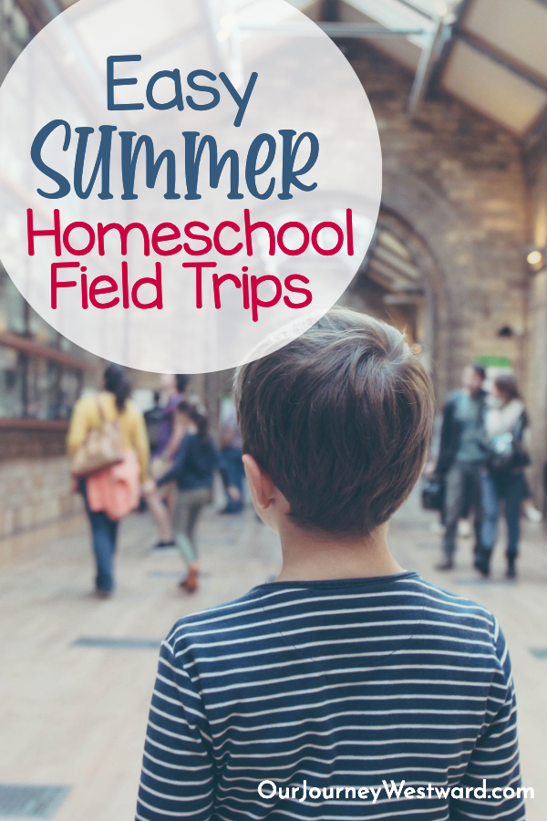 Child in blue and white striped shirt looking around a museum. Promoting a blog post about summer field trips.