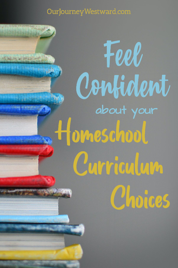 A stack of colorful books with grey background. Promoting a blog post about curriculum choices.