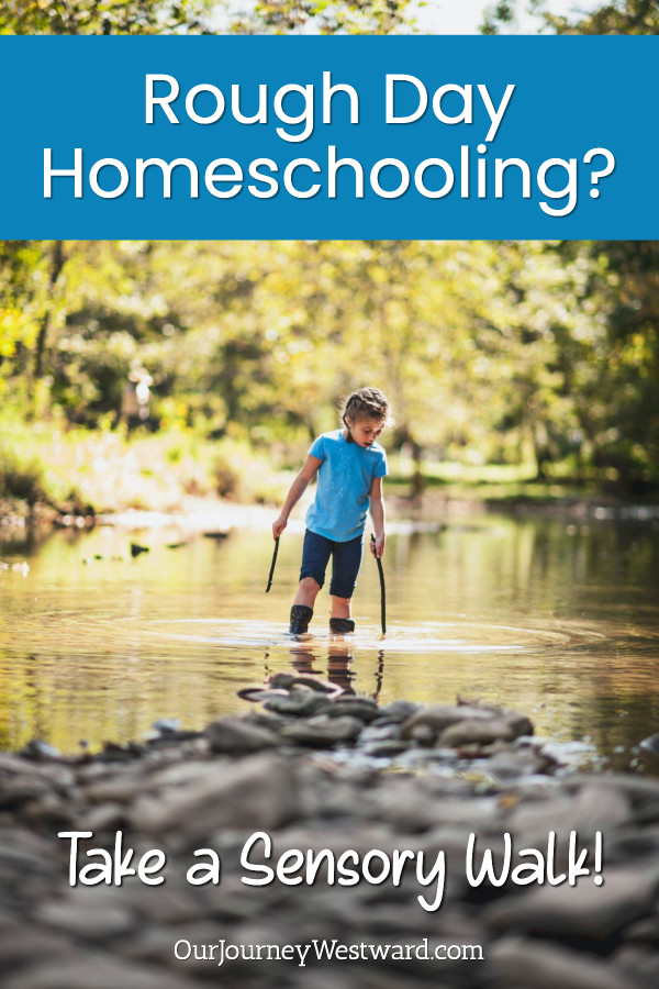 Child in blue shirt wading in a creek. Promoting a blog post about a rough day homeschooling.