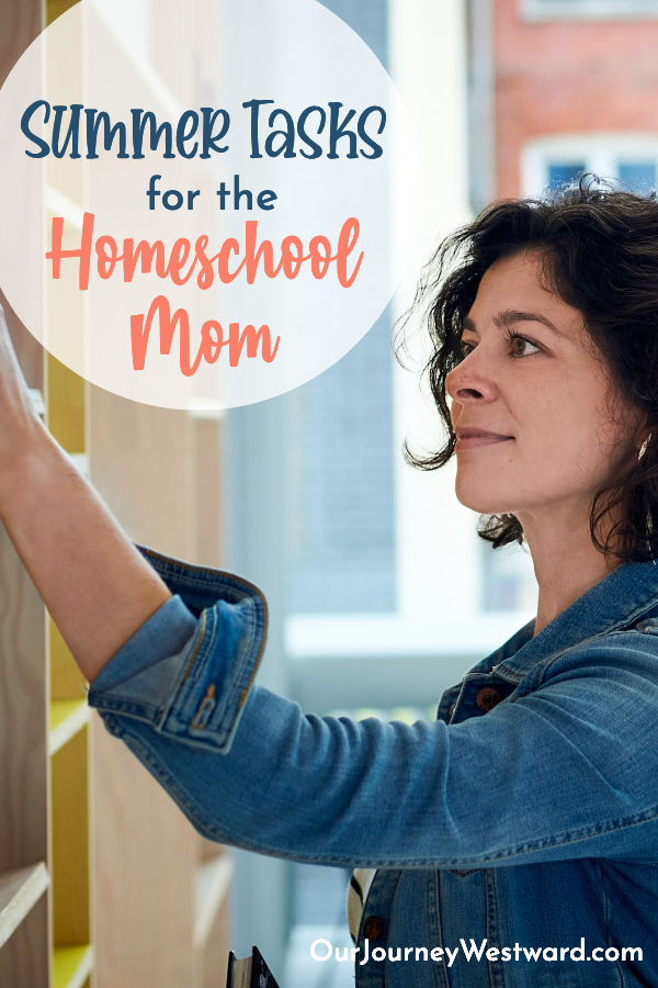 Mom in jean jacket looking at a shelf. Promoting a blog post about summer tasks for the homeschool mom.