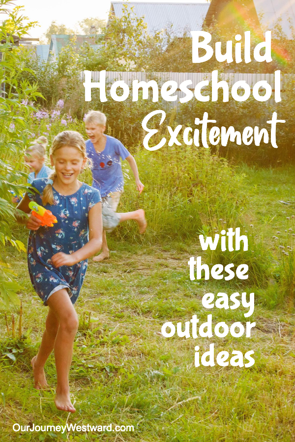 Three kids running around in the green grass. Promoting a blog post about homeschool excitement.