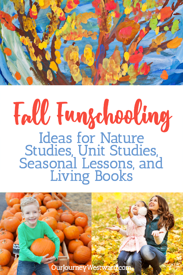 Autumn leaf finger painting, child sitting on a bunch of pumpkins, and mother and daughter looking at yellow leaves. Promoting a blog post about fall funschooling