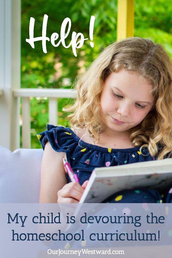 Blonde girl in dark blue shirt writing in a book. Promoting a blog post about homeschool help.